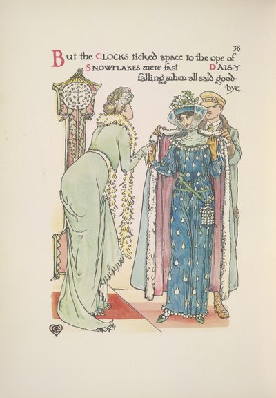 Hochzeitsgäste verlassen. Eine Dame verabschiedet sich; ein Mann hilft ihr, ihren Mantel anzuziehen von Walter Crane