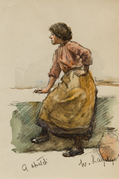 Studie eines Mädchens auf einer Hafenmauer von Walter Langley