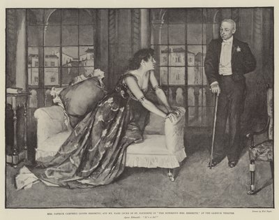 Mrs. Patrick Campbell (Agnes Ebbsmith) und Mr. Hare (Herzog von St. Olpherts) in Die berüchtigte Mrs. Ebbsmith, im Garrick Theatre von Walter Paget