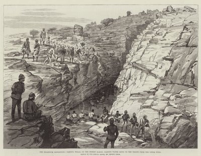 Die Khartum-Expedition, Gakdul Wells, auf dem Wüstenmarsch, Wasser wird von der oberen Quelle zu den Truppen gereicht von Walter Paget