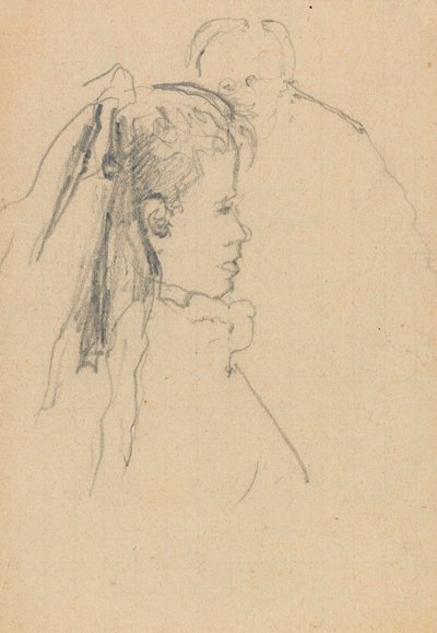 Kopf und Büste eines Mädchens im Profil nach rechts, Kopf eines Mannes, frontal dahinter von Walter Richard Sickert