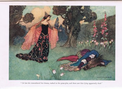 Endlich erinnerte sie sich an ihren Traum, rannte zum Rasen und sah ihn dort scheinbar tot liegen, Illustration aus 