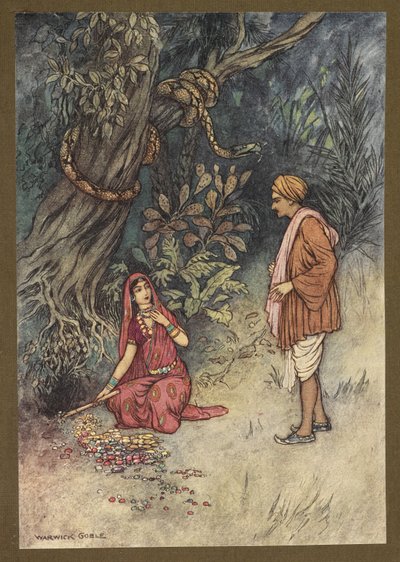 Tafel 14: "Ehemann, nimm all dieses große Gold und diese Edelsteine", aus Folk-Tales of Bengal ... Mit 32 Illustrationen in Farbe von Warwick Goble (Edition de luxe) von Warwick Goble