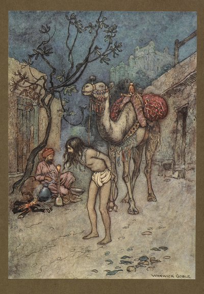 Tafel 16: "Der Kamel-Treiber stieg ab, band das Kamel an den Baum an Ort und Stelle und begann zu rauchen." aus Folk-Tales of Bengal ... Mit 32 Illustrationen in Farbe von Warwick Goble. (Edition de luxe.). 1914 von Warwick Goble
