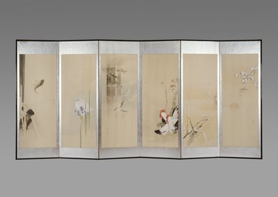 Paar Klappschirme: Blumen der zwölf Monate, ca. 1900 (Tinte & Farbe auf Papier) von Watanabe Seitei