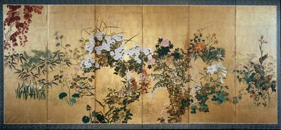 Paravent mit Herbst- und Winterblumen von Watanabe Shiko