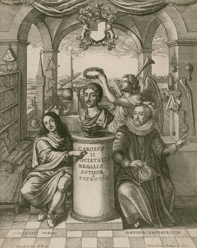 Büste von Charles II., mit Lord Brouncker (links), dem ersten Präsidenten der Royal Society, und Francis Bacon (rechts) von Wenceslaus Hollar