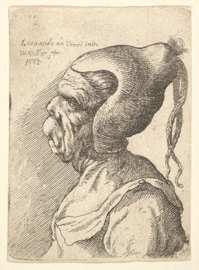 Büste einer deformierten Frau mit konischem Hut und zwei baumelnden Zöpfen im Profil nach links von Wenceslaus Hollar