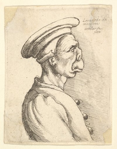 Büste eines Mannes mit flacher Nase und vorstehendem Mund, der eine flache Mütze und einen geknöpften Mantel trägt..., 1660 von Wenceslaus Hollar