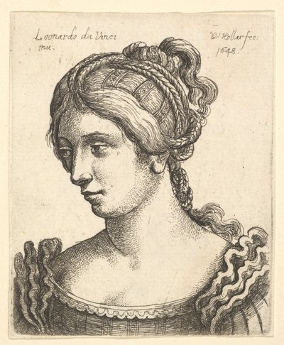 Büste einer Frau, die nach links unten schaut, mit aufwendig dekoriertem Haar, 1648 von Wenceslaus Hollar