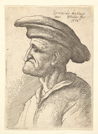 Büste eines älteren Mannes mit einer Nase, die seine Unterlippe trifft, mit breitem flachem Hut im Profil, 1665 von Wenceslaus Hollar