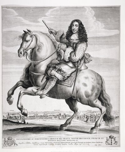 Reiterporträt von Karl II. (1630-85) mit einer Landschaft, veröffentlicht ca. 1670 von Wenceslaus Hollar