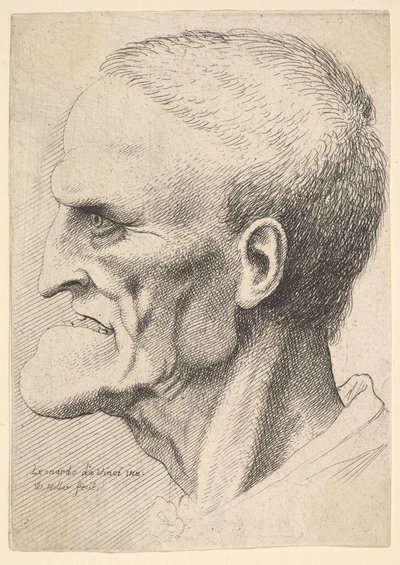 Kopf eines alten Mannes mit ausgeprägtem Kinn, kurz geschnittenem Haar und offenem Mund, 1625-77 von Wenceslaus Hollar