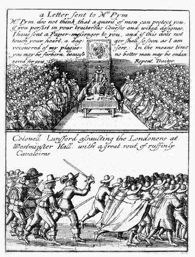 John Pym liest einen Brief im Unterhaus vor; Oberst Thomas Lunsford und seine Soldaten greifen Londoner an von Wenceslaus Hollar