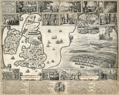 Karte der Britischen Inseln und Illustrationen historischer Ereignisse des 17. Jahrhunderts, ca. 1659 von Wenceslaus Hollar