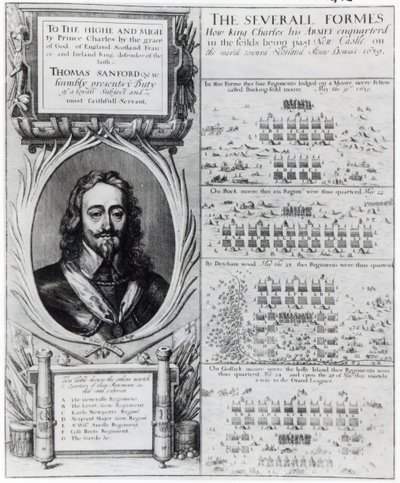 Porträt von König Karl I. mit Diagrammen zur Formation seiner Truppen während des Bischofskriegs, ca. 1639 von Wenceslaus Hollar