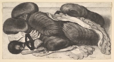 Stillleben mit einer Gruppe von Muffen, einem Paar Handschuhen, Fächern, Maske und zwei Taschentüchern, 1647 von Wenceslaus Hollar