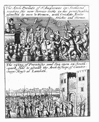 Der Erzbischof von St. Andrews predigt in Schottland; Aufstand der Lehrlinge und Seeleute im Lambeth Palace von Wenceslaus Hollar