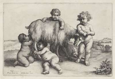 Vier Jungen, ein Satyr und eine Ziege nach rechts stehend, Putti und Satyrn (Serientitel) von Wenceslaus Hollar