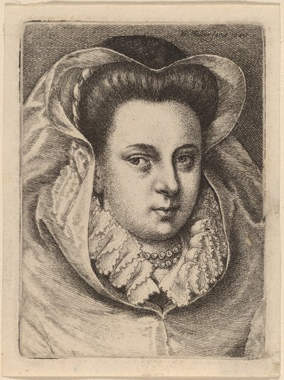 Frau mit weißem Schleier und schwarzem Hut (Maria Stuart?) von Wenceslaus Hollar