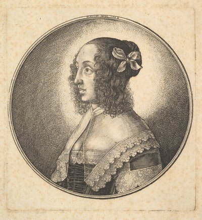 Frau mit dunklem Haar und Schleife im Profil nach links von Wenceslaus Hollar