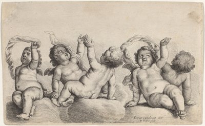 Drei Cherubim und zwei Jungen, die jeweils einen Arm auf Wolken heben von Wenceslaus Hollar, after Peeter van Avont