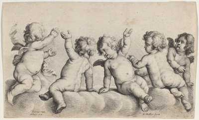 Drei Engel und zwei Jungen auf Wolken von Wenceslaus Hollar, after Peeter van Avont