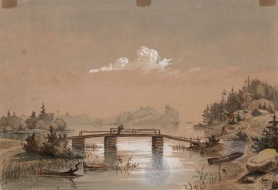 Seelandschaft, Mann angelt auf einer Brücke von Werner Holmberg
