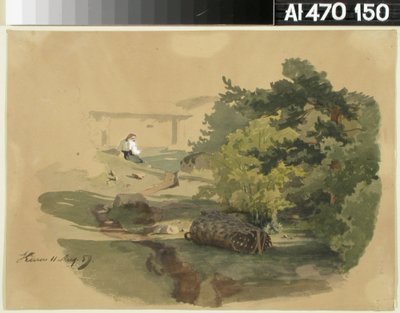 Landschaft mit Schindelkorb und sitzender Frau von Werner Holmberg