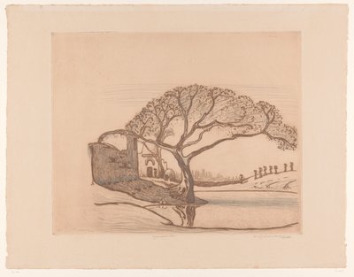 Häuser, Baum am Teich und Frauen mit Wasserkrügen auf dem Kopf von Wijnand Otto Jan Nieuwenkamp (signed by artist)