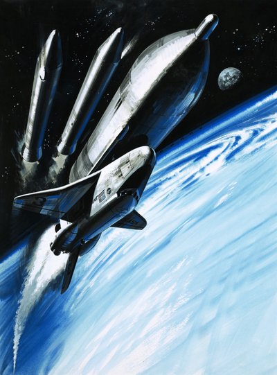 Das Space Shuttle im Moment, in dem es zwei seiner Raketentriebwerke abwirft von Wilf (20th century) Hardy