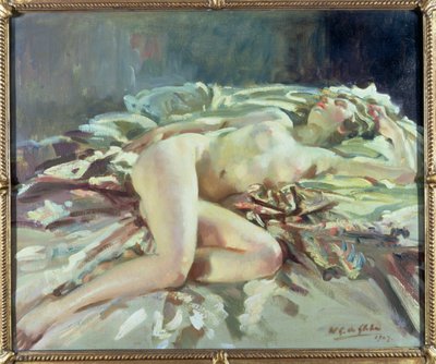 Weiblicher Akt auf einem Bett liegend von Wilfred Gabriel de Glehn
