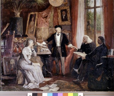 Von links nach rechts: Cosima Wagner, Richard Wagner, Franz Liszt und Walsogen in der Villa Wahfried in Bayreuth. von Wilhelm Beckmann