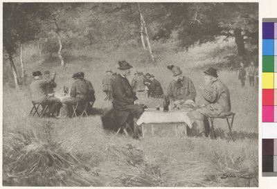 Jagdgesellschaft - Kaiser Franz Joseph am Tisch mit Prinz Leopold von Bayern und Großherzog Ferdinand IV. von Toskana von Wilhelm Gause