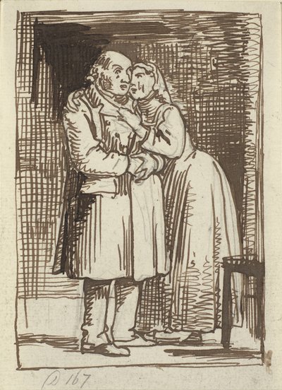 Die schmeichelnde Frau. Eine Frau spricht eindringlich zu ihrem alten Ehemann und hat die Arme um seinen Hals von Wilhelm Marstrand