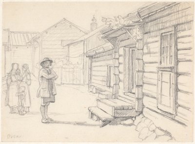 Straße in Orsa, Dalarne, mit zwei Frauen links und einem Kind und einem Mann von Wilhelm Marstrand
