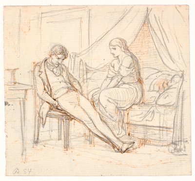 Innenraum mit melancholischem jungen Mann und einem Mädchen auf einem Bett von Wilhelm Marstrand