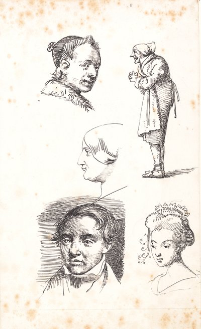 Studienblatt mit zwei Männerköpfen, zwei Frauenköpfen und einem stehenden Mann von Wilhelm Marstrand