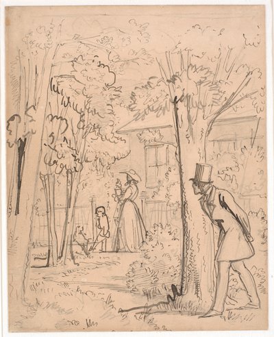 Junger Mann beobachtet im Garten die Geliebte (auf der Lauer) von Wilhelm Marstrand