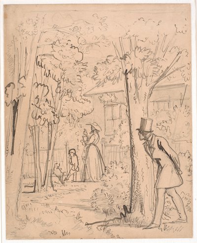 Junger Mann beobachtet im Garten die Geliebte (auf der Lauer) von Wilhelm Marstrand