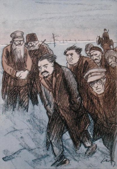 Karikatur von Leon Trotsky (1879-1940) in Sibirien, aus der Zeitschrift 