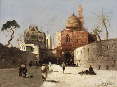 Orientalische Straßenszene mit Moschee, Minarett und Händlern auf einem Vorplatz von Wilhelm Sohn