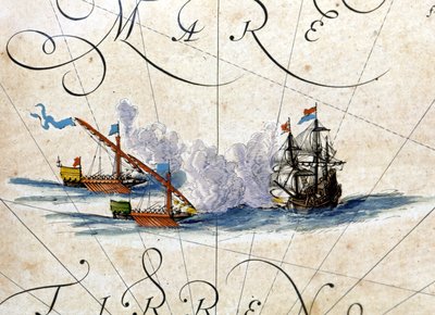 Schlacht zwischen zwei Galeeren und einer Karacke. Atlas von Willem Janszoon Blaeu (1571 - 1638) von Willem Blaeu