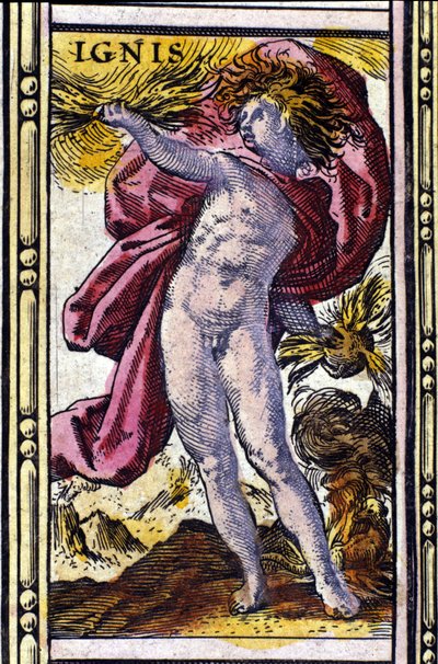 Feuer, eines der vier Elemente dargestellt im Atlas von W. Blaeu, gedruckt in Amsterdam im Jahr 1655 von Willem Blaeu