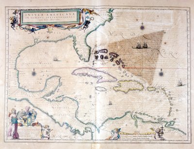 Das Karibische Meer: Man kann das Bermuda-Dreieck zwischen dem Bermuda-Archipel, Miami und Puerto Rico sehen. Laut Wilhelm Blaeus Atlas von Willem Blaeu