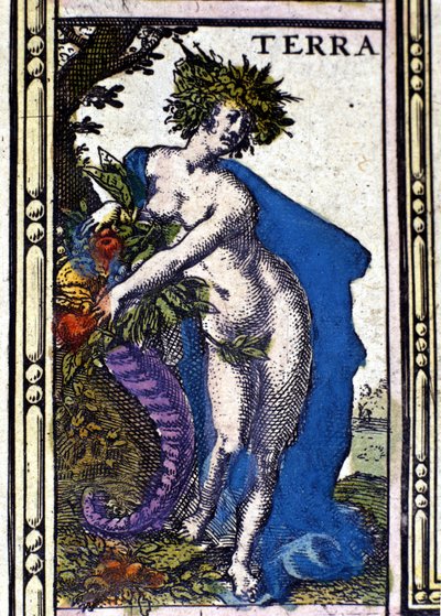 Die Erde, eines der vier Elemente dargestellt im Atlas von W. Blaeu, gedruckt in Amsterdam im Jahr 1655 von Willem Blaeu