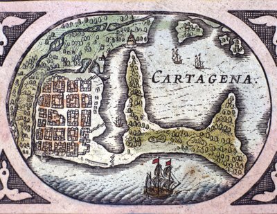 Ansicht von Cartagena in Kolumbien (Südamerika). Detail einer Karte des Atlas „Le Theatre du Monde“ von Willem Janszoon Blaeu (1571-1638) von Willem Blaeu