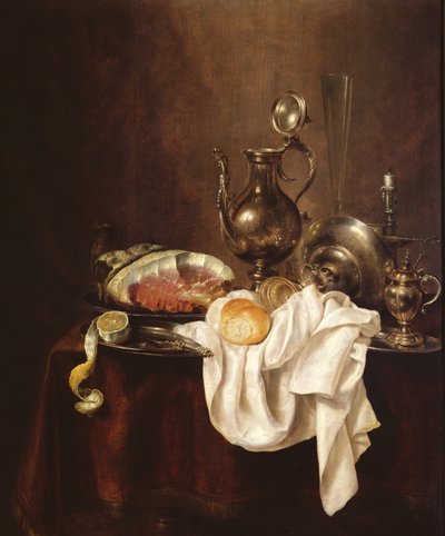 Stillleben mit Schinken und Silberplatte von Willem Claesz. Heda