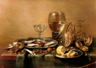 Stillleben mit Austern, Zitrone, Glas und Goldgeschirr von Willem Claesz. Heda