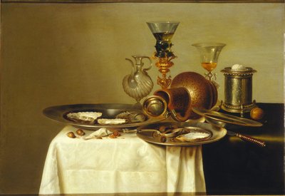 Stillleben mit einem Römer auf einem vergoldeten Ständer, Steinzeug und Austern, 1637 von Willem Claesz. Heda